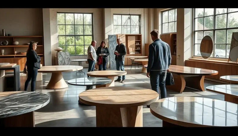 Comparación de diferentes modelos de mesas italianas en exposición mostrando variedad de materiales, acabados y rangos de precio Comparativa modelos mesas italianas en showroom con diferentes acabados