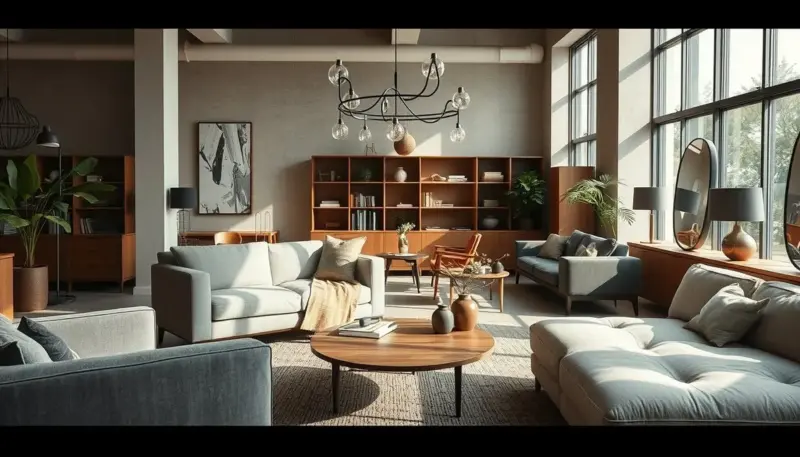 Exposición de muebles elegantes en showroom con indicadores de advertencia sobre posibles problemas ocultos tras fachada atractiva Showroom muebles modernos con señales alerta problemas