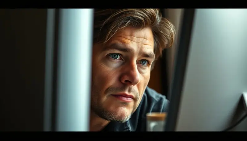 Comprador analizando con preocupación sitio web de muebles online, mostrando dudas sobre confianza al comprar mobiliario por internet Cliente preocupado examinando página web muebles online