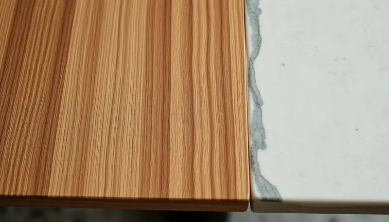 Primer plano de materiales premium de mesa italiana: veta de roble natural, superficie cerámica pulida y patas de acero cepillado Detalle materiales mesa italiana: madera roble, cerámica y acero