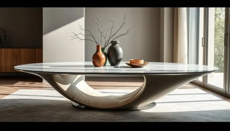 Mesa Cattelan Italia Stream XT con curvas dramáticas combinando cerámica, vidrio y acero en diseño futurista contemporáneo Mesa Cattelan Italia Stream XT con diseño escultural y materiales modernos