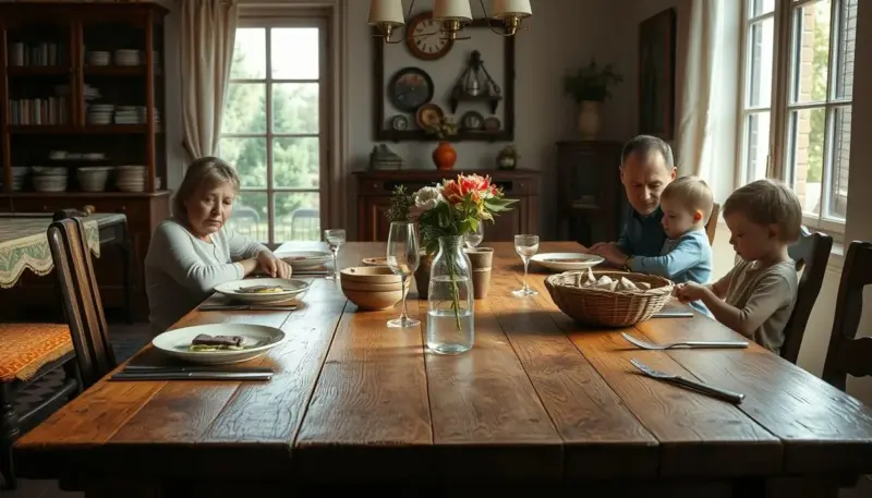 Escena familiar real mostrando mesa extensible italiana en uso cotidiano con niños, comidas y actividades domésticas Familia usando mesa extensible italiana en actividades diarias del hogar