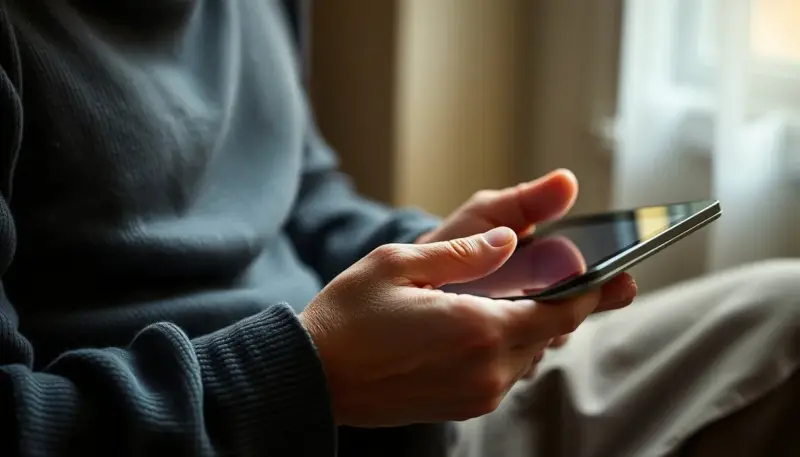 Persona explorando en tablet catálogo básico de muebles organizado en dos categorías: interior y exterior Navegación tablet catálogo muebles interior exterior